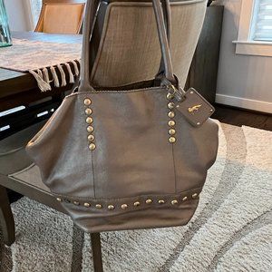 Emma Fox 2-n-1 Taupe/Gold Leather "Bucket Bag"